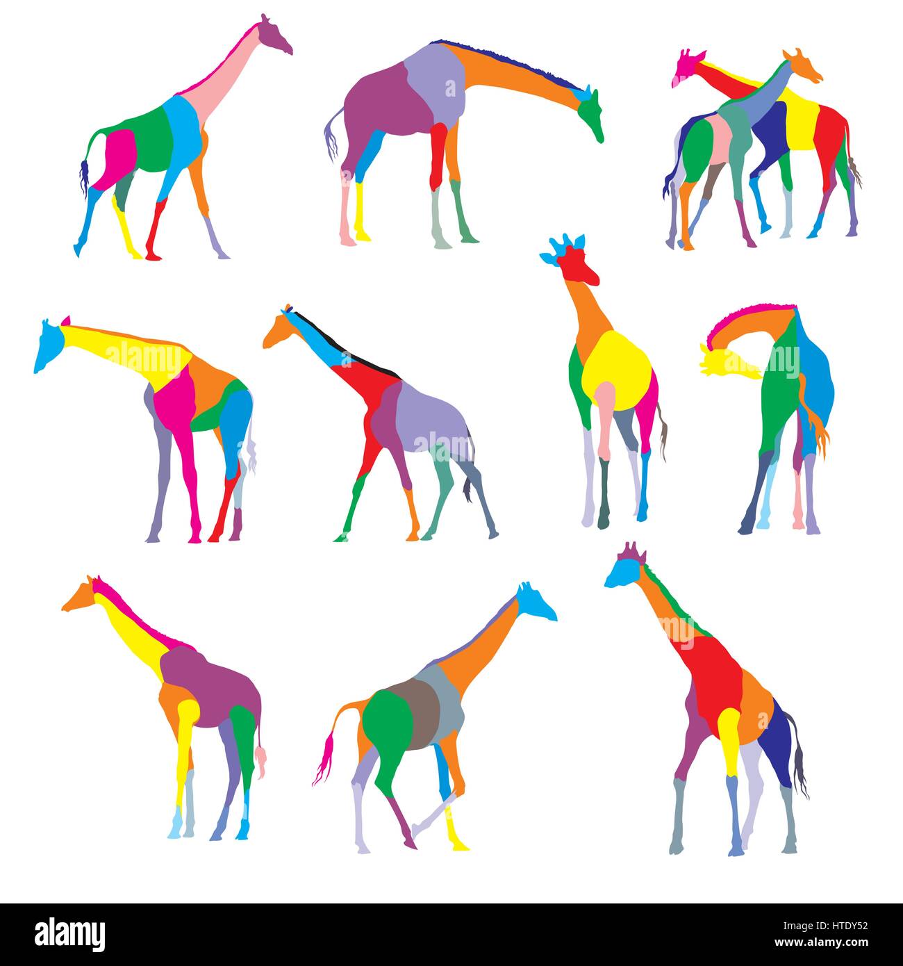 Satz von bunt gefärbten Silhouetten von Giraffen isoliert auf weißem Background Stock Vektor