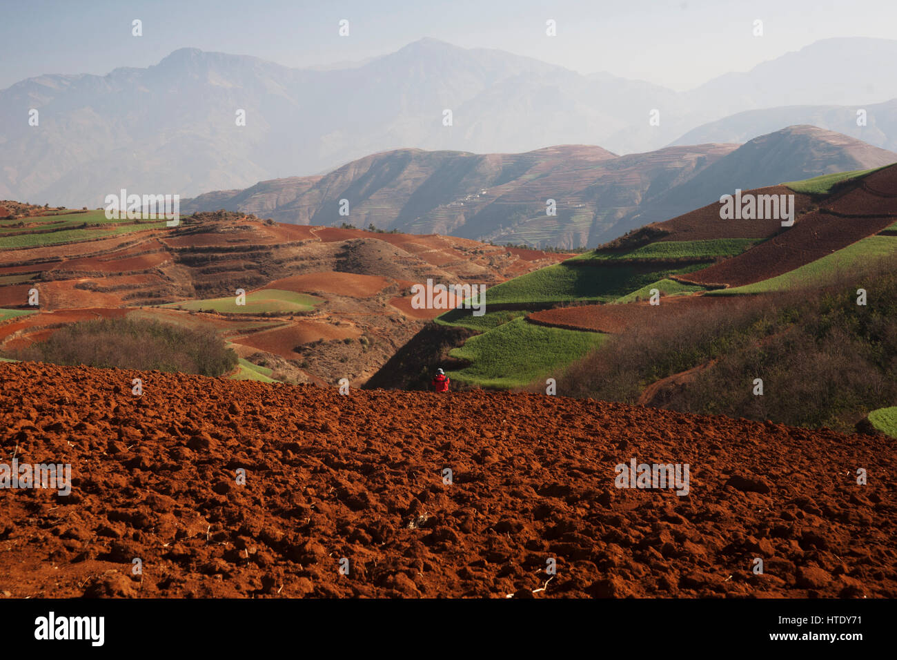 Panoramische Ansicht der chinesischen Landwirtschaft Landschaft mit Bergen und Hügeln am Morgen. Stockfoto