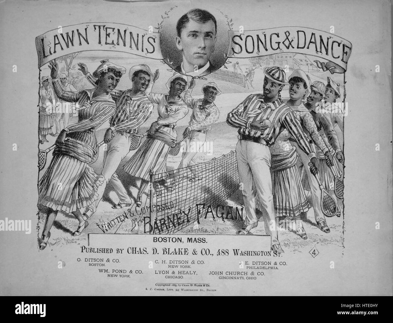 Titelbild der Noten des Liedes "Lawn Tennis Gesang und Tanz", mit ursprünglichen Autorschaft Noten reading "Geschrieben und komponiert von Barney Fagan", USA, 1885. Der Verlag als "Chas. D. Blake und Co., 488 Washington St." aufgeführt ist, die Form der Komposition ist "strophische mit Chor [mit Tanzeinlage]", die Instrumentierung ist "Klavier und Stimme", die erste Linie liest ", unter dem Klee die Mittagszeit im Laufe der über tun wir sammeln für eine Lerche", und der Abbildung Künstler wird als "S.C. Carbee Lith 505 Washington St. , Boston ". Stockfoto