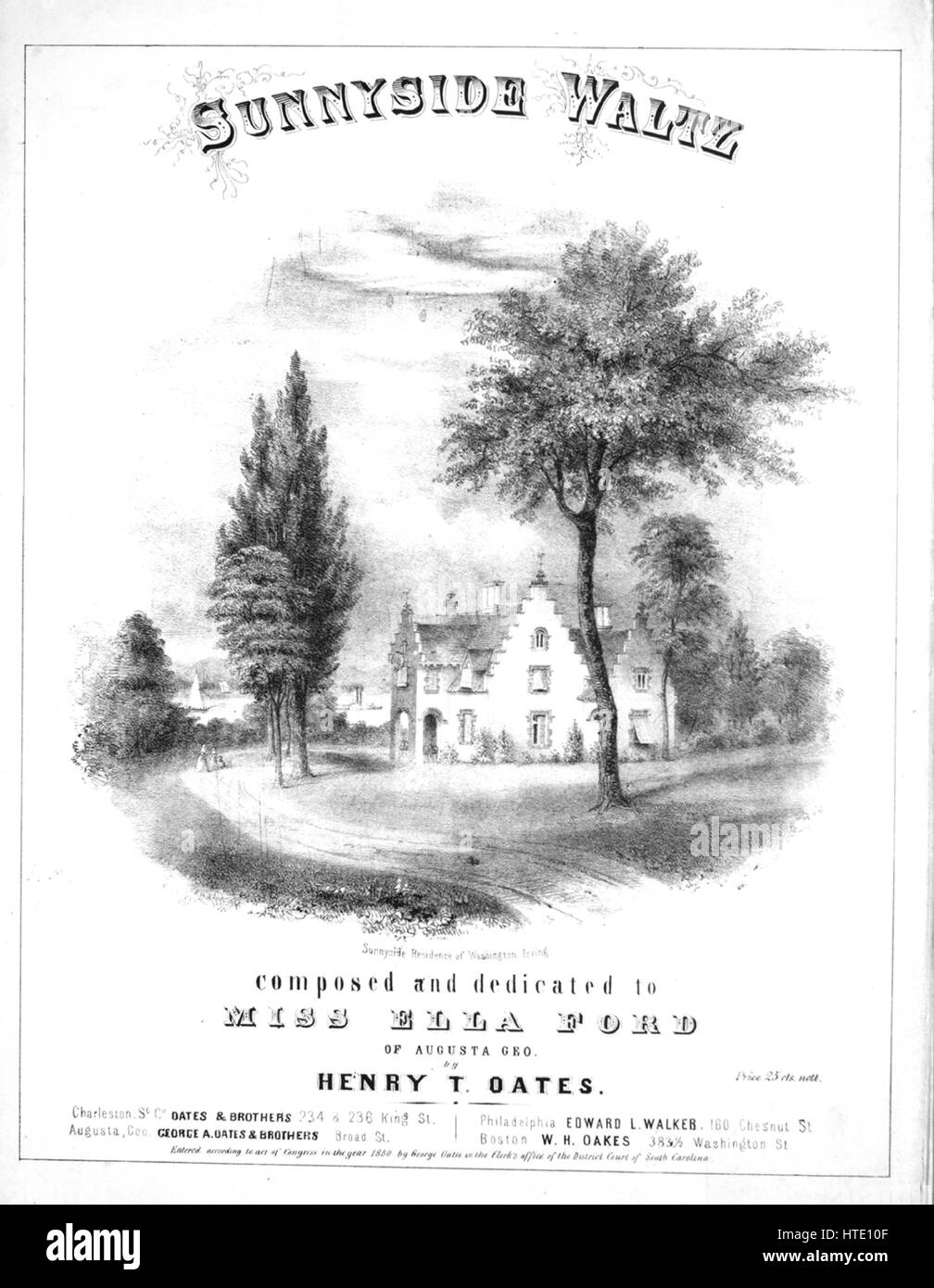 Titelbild der Noten des Liedes "Sunnyside Walzer", mit ursprünglichen Autorschaft Noten lesen "Komponiert von Henry T Oates", 1850. Der Verlag aufgelistet als "Oates und Brüder, 234 und 236 König St.", die Form der Komposition ist "Schnitt", die Instrumentierung ist "Klavier", liest die erste Zeile 'None', und des Abbildung Künstlers ist als "zugeordnete Lith Sunnyside Residenz von Washington Irving; W.h. Oakes, Ing. Boston ". Stockfoto