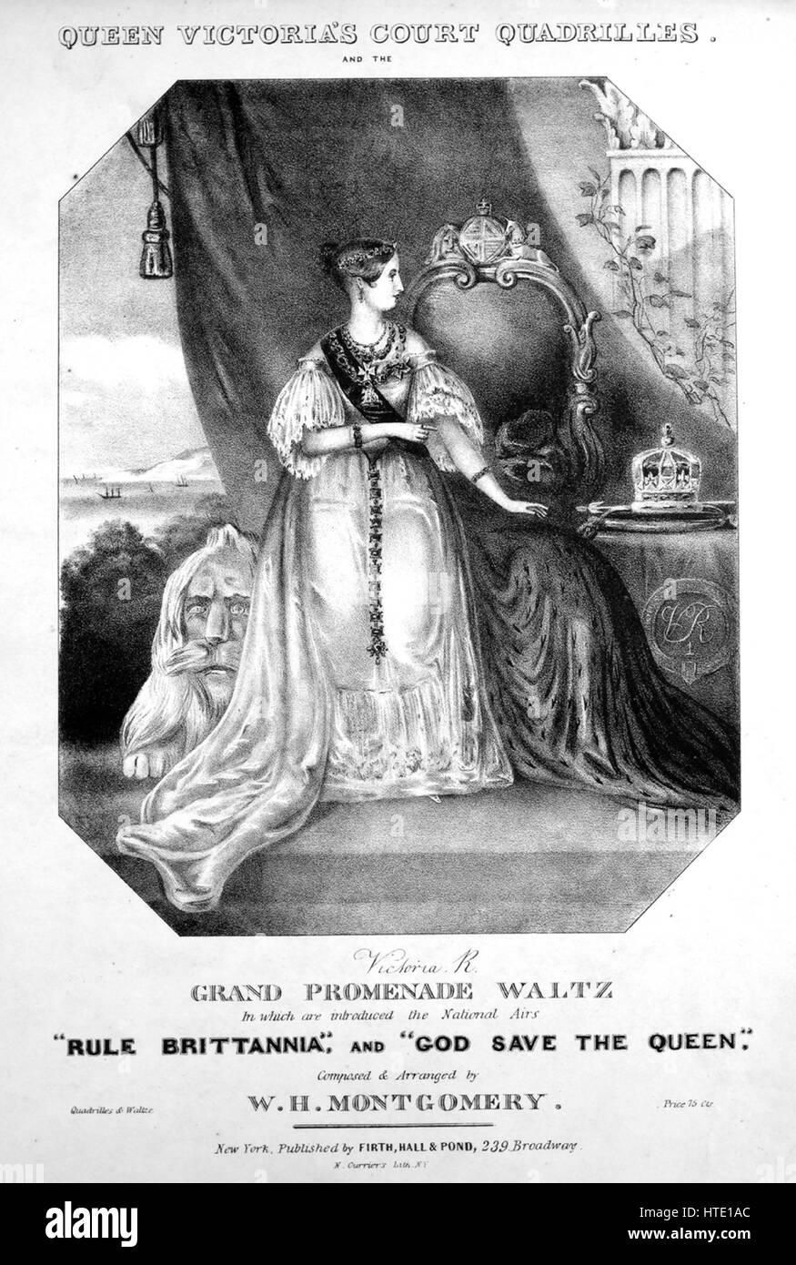 Titelbild der Noten des Liedes "Queen Victoria Court Quadrillen (1) La Pantalon; (2) L'Ete; (3) la Poule; (4) la Trenis; (5) la Finale auch Grand Promenade Walzer, In denen eingeführt, die nationalen Airs "Regel Britannia," und "God Save The Queen'', mit ursprünglichen Autorschaft Noten lesen"Komponiert und arrangiert von WH Montgomery", Vereinigte Staaten, 1900. Der Herausgeber aufgelistet als "Firth, Hall und Teich, 239 Broadway", die Form der Komposition ist "da capo", die Instrumentierung ist "Klavier", liest die erste Zeile 'None', und des Abbildung Künstlers ist als "N. Curriers Lith N.Y.; G.W Stockfoto