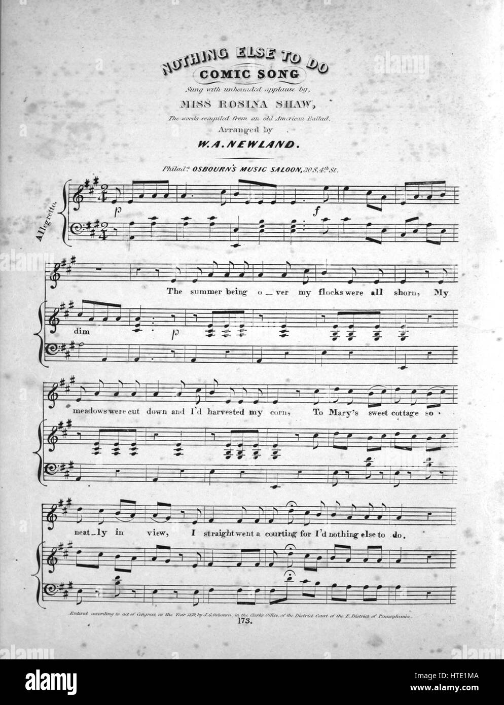 Titelbild der Noten des Liedes "Nichts anderes zu tun Comic-Lied", mit ursprünglichen Autorschaft Noten lesen, "Die Worte zusammengestellt aus einem alten amerikanischen Ballade arrangiert von WA Newland", USA, 1839. Der Verlag als "Osbourns Musik Saloon, 30 S. 4. St." aufgeführt ist, die Form der Komposition ist "strophische mit Chor", die Instrumentierung ist "Klavier und Stimme", die erste Linie liest "Der Sommer wird meine Herden alle geschoren wurden" und der Abbildung Künstler als 'None' aufgeführt ist. Stockfoto