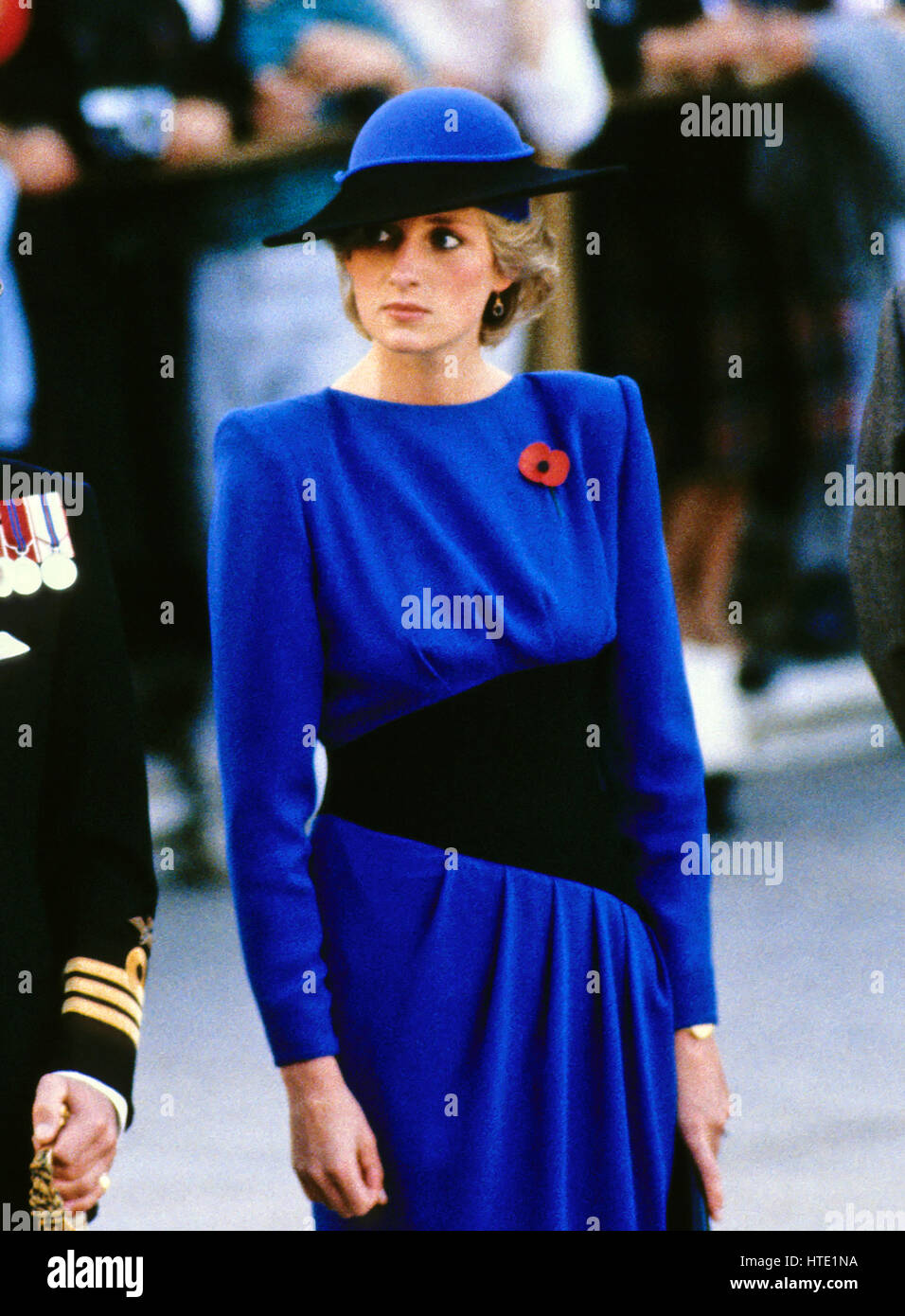Prinzessin Diana blickt auf als ihr Ehemann Prinz Charles einen Kranz am Grab der unbekannten unter Beachtung des Veterans Day auf dem Nationalfriedhof Arlington in Arlington, Virginia am 11. November 1985 legt Stockfoto