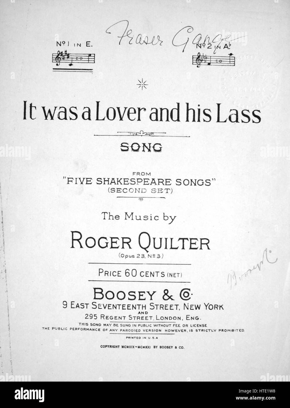 Noten-Cover-Bild des Liedes "Ich war eine Geliebte und sein Lied Lass', mit ursprünglichen Autorschaft Noten lesen"von "Fünf Shakespeare Songs" (zweiter Satz) die Musik von Roger Quilter", USA, 1921. Der Verlag als "Boosey &amp; Co., 9 East siebzehnten Street" aufgeführt ist, die Form der Komposition ist "strophische mit Chor", die Instrumentierung ist "Klavier und Stimme", liest die erste Zeile "Es war ein Liebhaber und seine Mädchen mit ein hey, und ein ho, und eine he Nonino", und der Abbildung Künstler wird als 'None' aufgeführt. Stockfoto