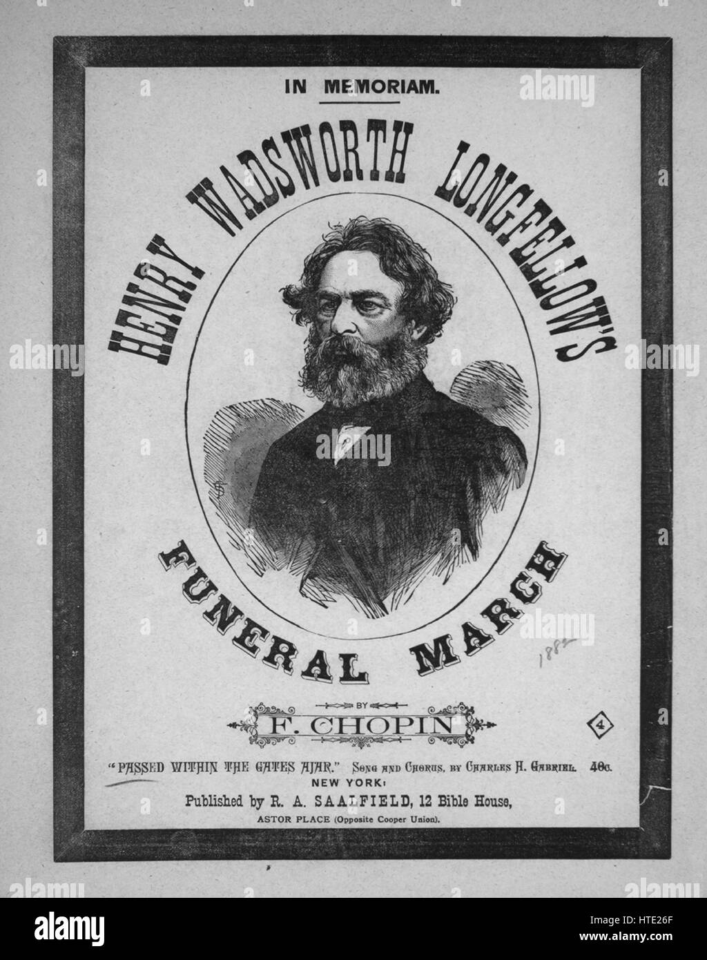 Titelbild der Noten des Liedes "Henry Wadsworth Longfellow Beerdigung März In Memoriam" bestanden in The Gates angelehnt '', mit ursprünglichen Autorschaft Noten lesen "von F [Rederic] Chopin Gesang und Chor, von Charles H Gabriel", USA, 1900. Der Verlag wird als aufgeführt "R.A. Saalfield, 12 Haus der Bibel, Astor Place (gegenüberliegenden Cooper Union", die Form der Komposition ist "Abdeckung nur;" keine Musik", die Instrumentierung ist"Klavier und Stimme", die erste Zeile lautet 'None' und der Abbildung Künstler als 'None' aufgeführt ist. Stockfoto