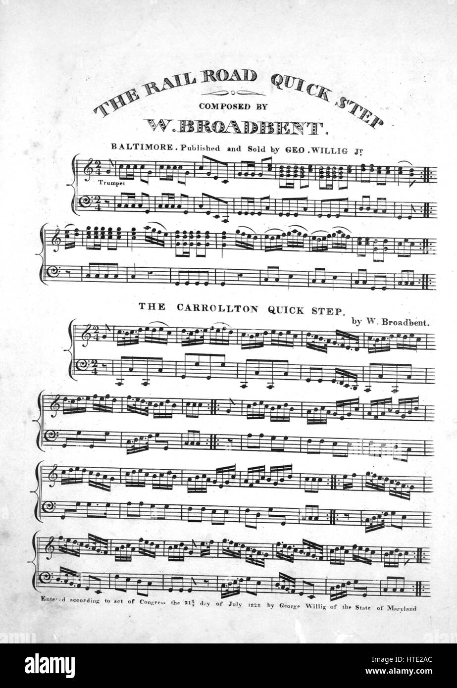 Titelbild der Noten des Liedes "(1) The Rail Road Quick Step; (2) die Carrollton Quick Step ", mit ursprünglichen Autorschaft Noten lesen"Komponiert von W Broadbent", USA, 1828. Der Verlag als "Geo Willig, Jr." aufgeführt ist, die Form der Komposition ist "Schnitt", die Instrumentierung ist "Klavier", liest die erste Zeile "None" und der Abbildung Künstler als 'None' aufgeführt ist. Stockfoto