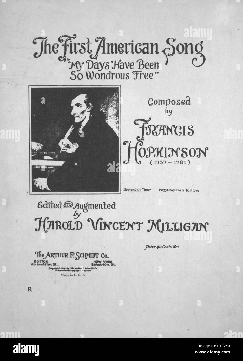 Noten-Cover-Bild des Liedes "die ersten amerikanischen Song" meine Tage haben schon So wundersame frei '', mit ursprünglichen Autorschaft Noten lesen "Komponiert von Francis Hopkinson (1737-1791) herausgegebene" und Augmented durch Harold Vincent Milligan, USA, 1918. Der Verlag als "Arthur P. Schmidt Co." aufgeführt ist, die Form der Komposition ist "durchkomponiert", die Instrumentierung ist "Klavier und Stimme (Sopran oder Tenor)", die erste Linie liest "meine Tage so wunderbar frei gewesen, die kleinen Vögel, die fliegen mit unvorsichtigen erleichtern von Baum zu Baum" und der Abbildung Künstler als 'None' aufgeführt ist. Stockfoto