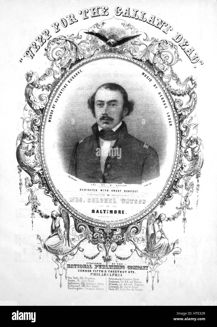 Noten-Cover-Bild des Liedes "Major Ringgold Beerdigung März Weinen der Gallant Dead [Gedicht]", mit ursprünglichen Autorschaft Noten lesen "Worte [Gedicht] von Augustine Duganne komponiert von JM hält [Cover Musik von George Loder]", USA, 1846. Der Verlag als "Philadelphia National Publishing Company, Ecke Fifth and Chestnut STS" aufgeführt ist, die Form der Komposition ist "da capo", die Instrumentierung ist "Klavier", liest die erste Zeile "None" und der Abbildung Künstler als "Plumbeotype von Leben von Oberst Wm. H. Watson" aufgeführt ist. Stockfoto