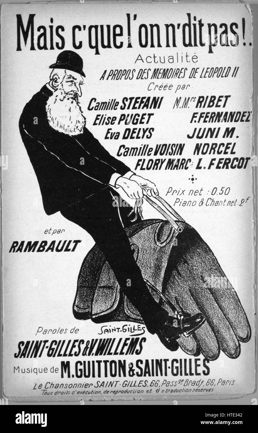 Noten-Cover-Bild des Liedes "Mais-c'quel" auf n'dit Pas!! Actualite A Propos des Memoiren de Leopold II ", mit ursprünglichen Autorschaft Noten lesen"par Rambault Paroles de Saint-Gilles und V Willems Musique de M Guitton und Saint-Gilles", Frankreich, 1900. Der Verlag als "Le Chansonnier Saint-Gilles, 66 Passge Brady, 66', die Form der Komposition ist"strophischen", die Instrumentierung ist"Klavier und Stimme", die erste Zeile lautet 'Voila qu'le Zeitschrift Publi' Les Memoiren Leopold De Deux", aufgeführt ist und der Abbildung Künstler wird als "Saint-Gilles; IMP. Marco; Kiefer Grav. ". Stockfoto