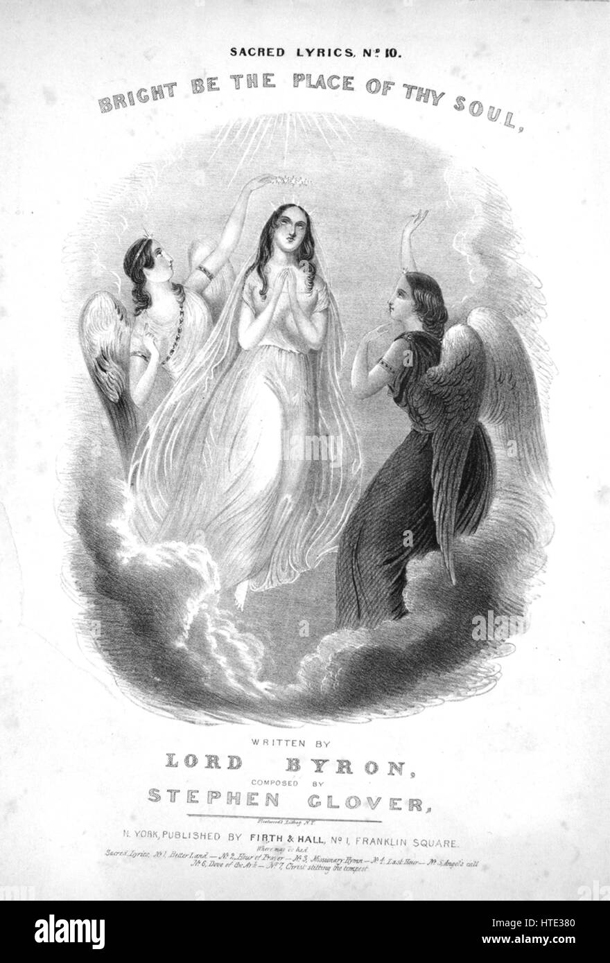 Noten-Cover-Bild des Liedes 'Heilige Texte, No10 hell Be Place of Thy Soul', mit ursprünglichen Autorschaft Noten lesen "Geschrieben von Lord Byron Composed von Stephen Glover", USA, 1900. Der Verlag als "Firth und Hall, Nr. 1 Franklin Square" aufgeführt ist, die Form der Komposition ist "strophischen", die Instrumentierung ist "Klavier und Stimme", die erste Zeile lautet "Hell sein der Ort deiner Seele kein schöner Geist als dein" und der Abbildung Künstler ist als 'None' aufgeführt. Stockfoto
