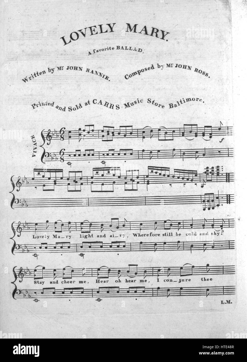 Noten-Cover-Bild des Liedes "Schöne Maria A Lieblings Ballade" mit ursprünglichen Autorschaft Noten lesen "Geschrieben von Herrn John Rannie komponiert von Herrn John Ross", USA, 1900. Der Verlag als "Carrs Music Store" aufgeführt ist, die Form der Komposition ist "strophischen", die Instrumentierung ist "Klavier und Stimme", die erste Linie liest "Schöne Maria hell und luftig, weshalb noch sei kalt und schüchtern?" und der Abbildung Künstler als 'None' aufgeführt ist. Stockfoto
