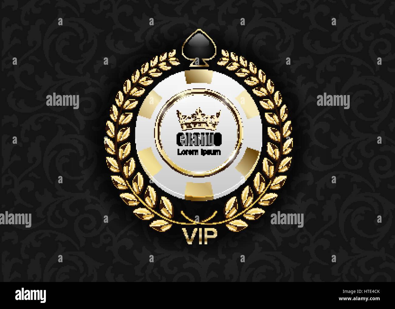 VIP Luxus weißen und goldenen Pokerchip vector Casino Logokonzept. Royal Poker-Club-Emblem mit Krone, Lorbeerkranz und Spaten auf schwarzem Blumenmuster Stock Vektor VIP Luxus weißen und goldenen Pokerchip vector Casino Logokonzept. Royal Poker-Club-Emblem mit Krone, Lorbeerkranz und Spaten auf schwarzem Blumenmuster Stock Vektor