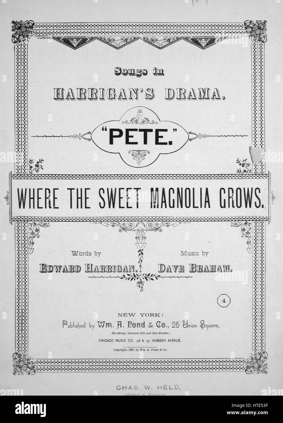 Notencover-Bild des Liedes 'Songs in Harrigans Drama, 'Pete' Where the Sweet Magnolia Grows', mit Originalnotizen zur Autorenschaft mit der Aufschrift 'Words by Edward Harrigan Music by Dave Braham', USA, 1887. Der Herausgeber wird als 'WM. A. Pond and Co., 25 Union Square, (Broadway, Wette. 15. Und 16. Sts.)', die Form der Komposition ist 'strophisch mit Chor', die Instrumentierung ist 'Klavier und Stimme', die erste Zeile lautet ''Twas in the balmy evening, When our day's work was o'er', und der Illustrationskünstler wird als 'J.M. Armstrong, Musiktypograf, Philadelphia. Stockfoto