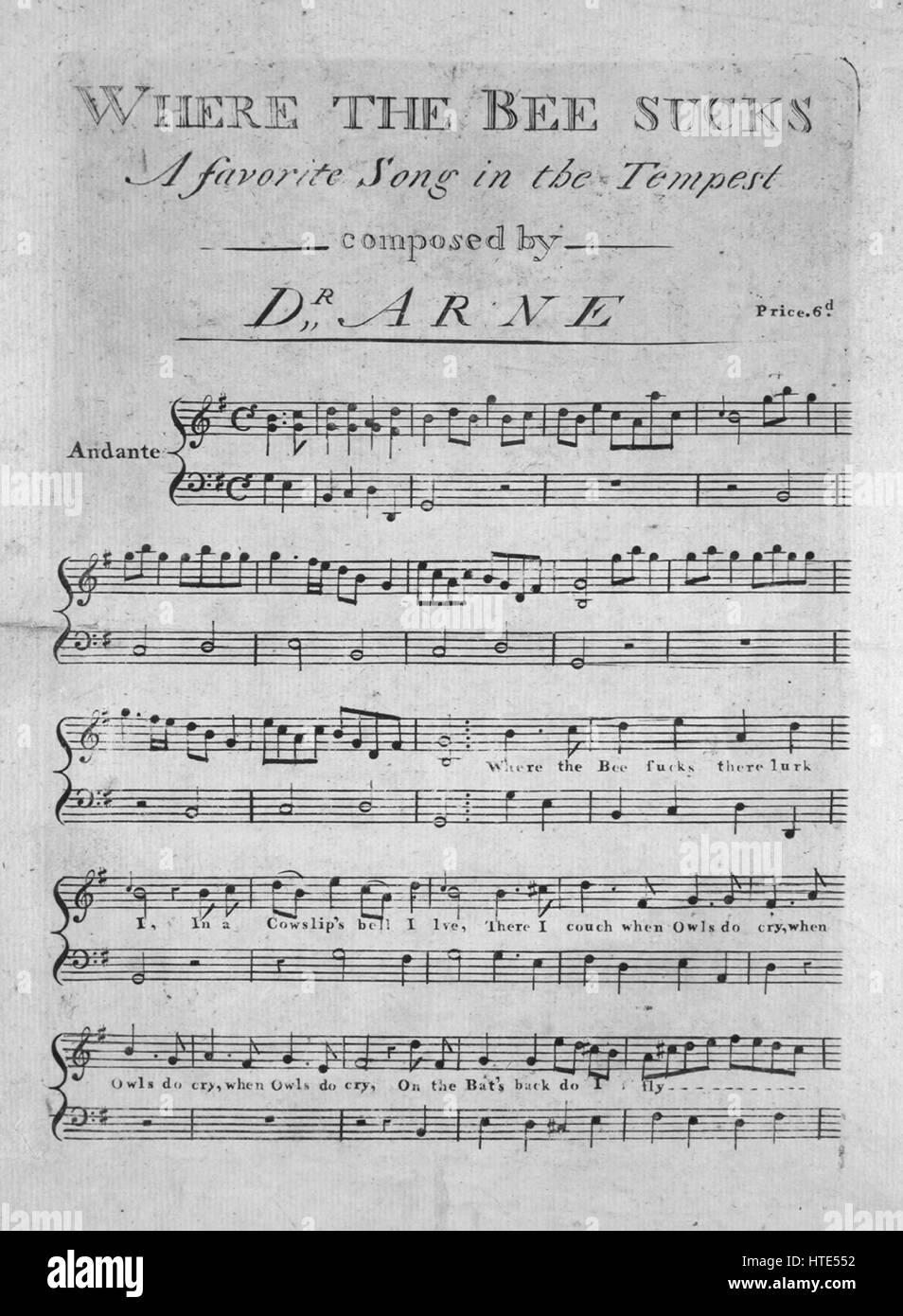Titelbild der Noten des Liedes 'Wo die Biene saugt A Lieblingslied im Sturm', mit ursprünglichen Autorschaft Noten lesen "[William Shakespeare] komponiert von Dr. Arne", 1900. Der Verlag wird als aufgeführt '', die Form der Komposition ist "binary", die Instrumentierung ist "Klavier und Stimme, Gitarre", die erste Zeile lautet "Wo die Biene saugt es lauern ich ein Schlüsselblume Glocke ich lebe", und der Abbildung Künstler wird als 'None' aufgeführt. Stockfoto