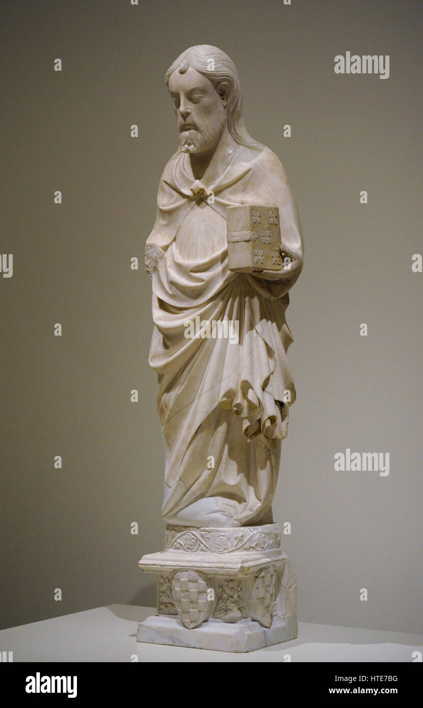 Guillem Timor (14. Jh.). Spanischer Bildhauer. Skulptur eines Evangelisten, Mitte des 14. Jahrhunderts. Alabaster. Wahrscheinlich aus der Kapelle der Evangelisten. Kirche des Klosters von Santa Maria de Poblet, Vimbodi, Provinz Tarragona. Nationalen Kunstmuseum von Katalonien. Barcelona. Katalonien. Spanien. Stockfoto