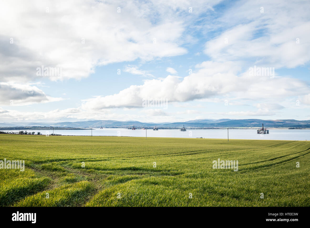 Nordsee Öl- und Gas-Bohrinseln aufgereiht in den geschützten Gewässern des Cromarty Firth für Instandhaltung und Modernisierung. Stockfoto