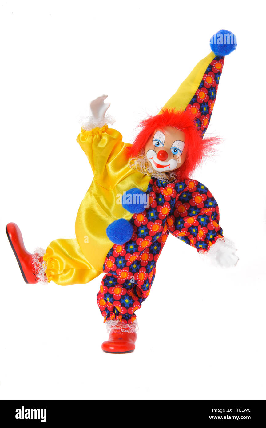 lustiger Clown mit bunten Kostüm isoliert auf weißem Hintergrund Stockfoto