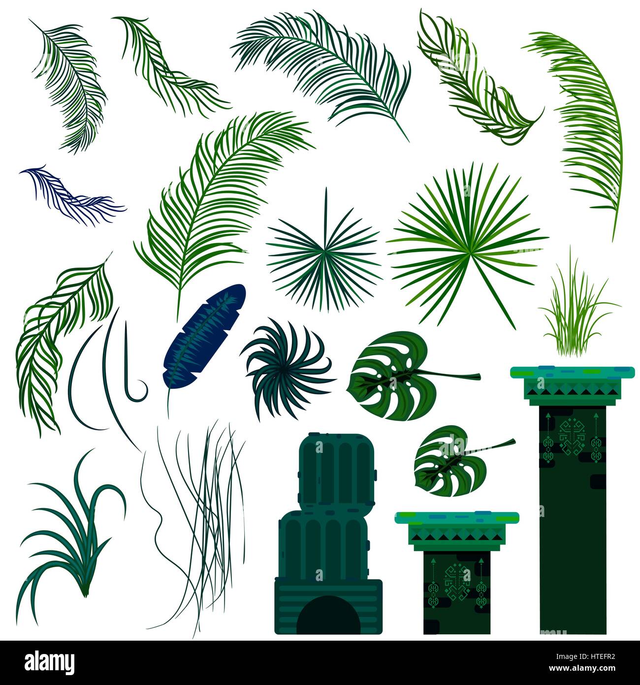 Dschungel-Blätter und alte Ruine Säulen isolierte Objekte. Regenwald-Vektor-Pflanzen und grüne Palmen. Stock Vektor