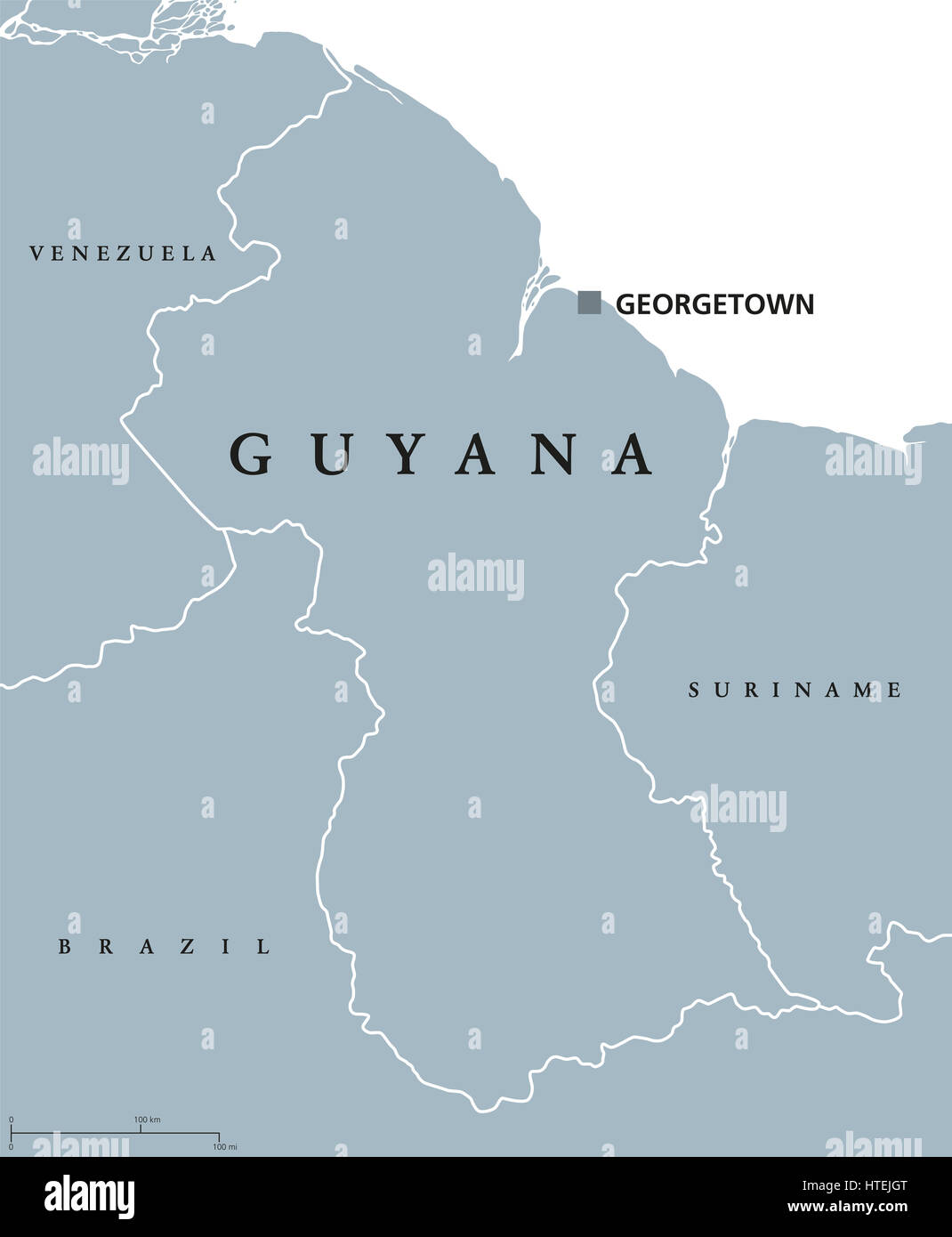 Politische Landkarte Guyana mit Hauptstadt Georgetown und nationale Grenzen hinweg. Republik, Land und souveränen Staat am nördlichen Festland Südamerikas. Stockfoto