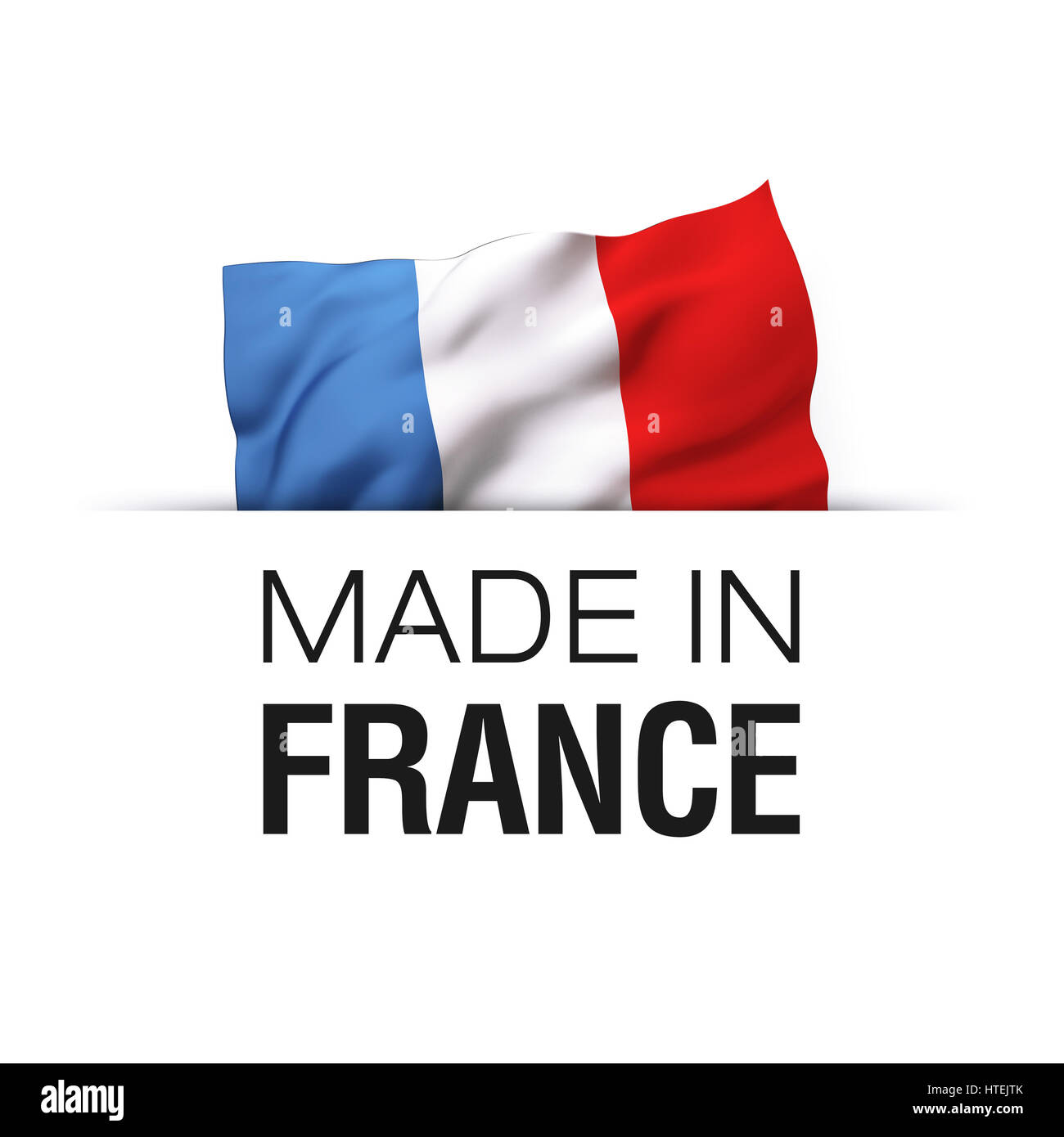 Made in Germany - Label mit einer wehenden Fahne von Frankreich. Stockfoto