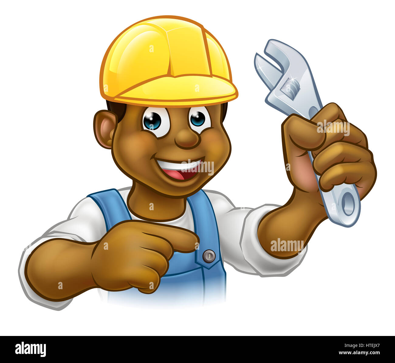 Eine schwarze Handwerker Mechaniker oder Klempner Cartoon-Figur hält einen Schraubenschlüssel und zeigen Stockfoto