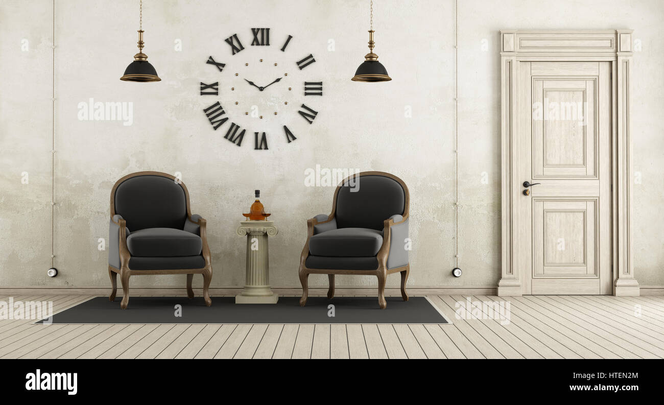 Retro-Wohnzimmer mit zwei schwarzen Sessel, Sockel mit Flasche Cognac und geschlossener Tür - 3d rendering Stockfoto