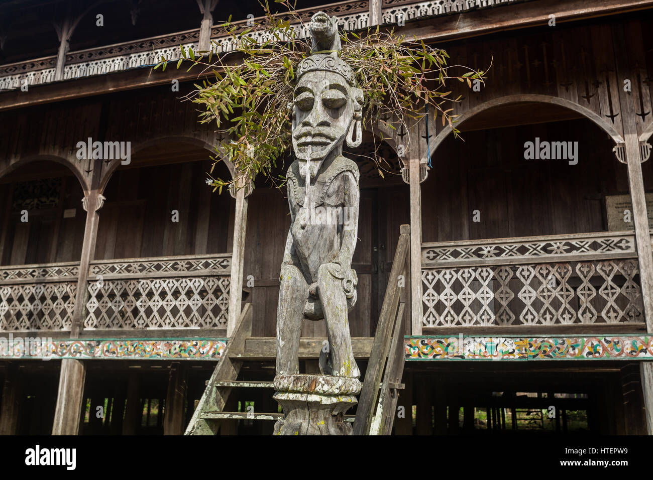 Dayak-Statue aus einem einzigen Stück Eisenholz geschnitzt und bekannt als Patung, indigenen Tross Stockfoto