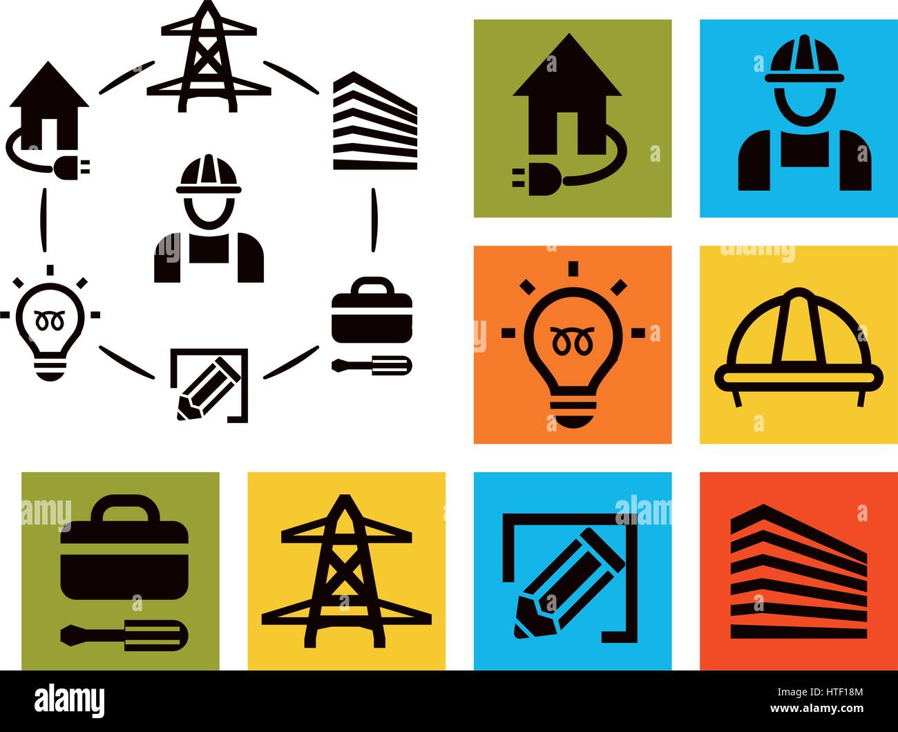 Isolierte professionellen Elektriker Symbole Set, Ausrüstung und Werkzeuge Logos Sammlung, Strom Piktogramm Elemente-Vektor-illustration Stock Vektor