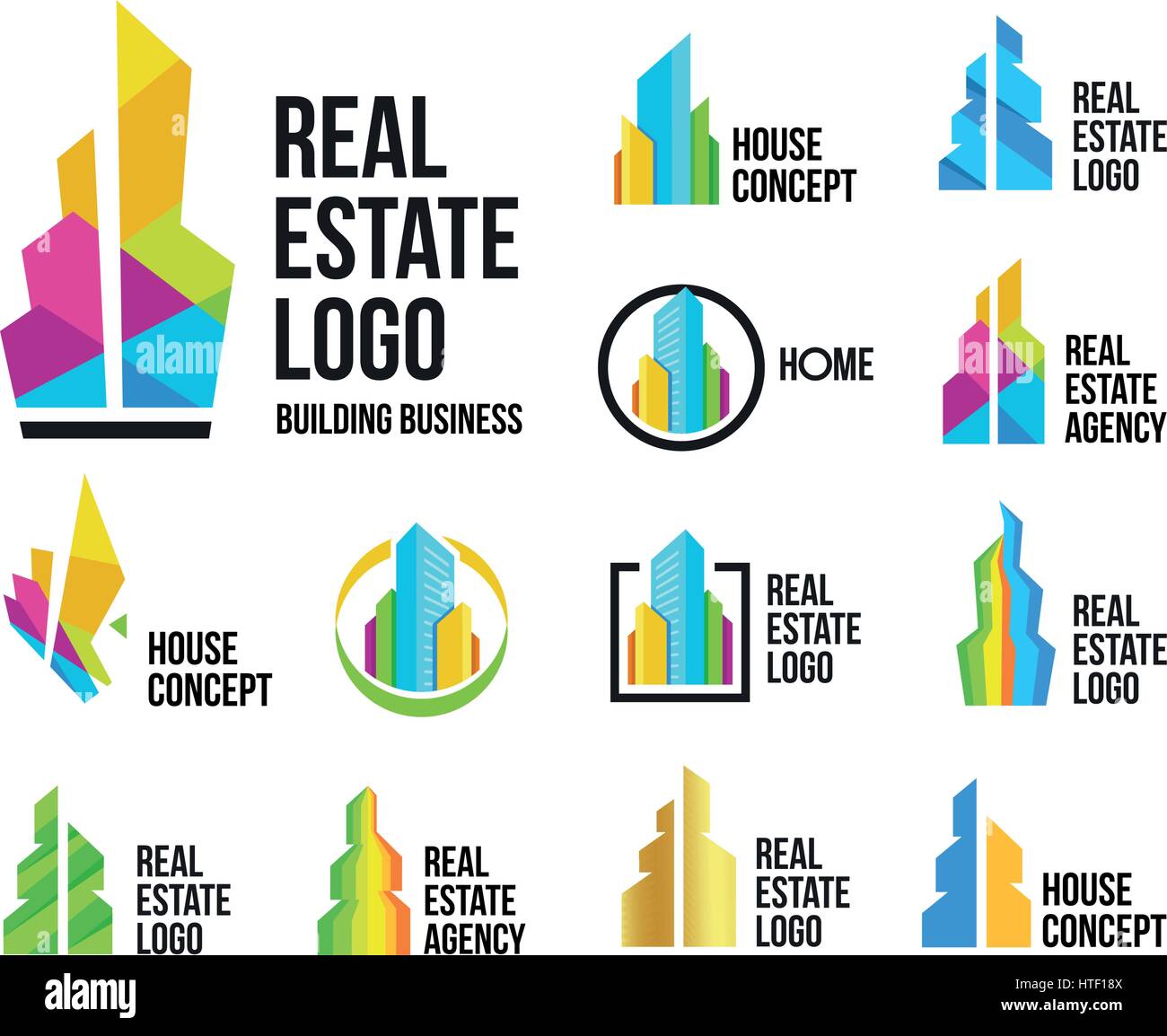 Isolierte bunte Immobilien Agentur Logos setzen, Haus Logo Kollektion auf weiße, home Konzept Symbole, Wolkenkratzer Vektor-Illustration. Stock Vektor