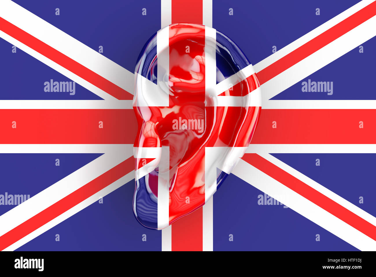 Britischen Geheimdienst Konzept, Ohr auf die britische Flagge. 3D-Rendering Stockfoto