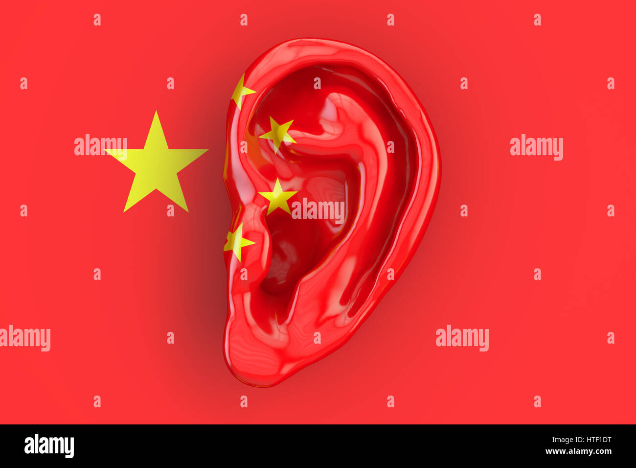 Chinesische Intelligenz Konzept, Ohr auf der Flagge von China. 3D-Rendering Stockfoto