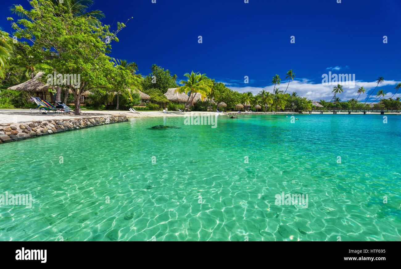 Strand mit Palmen in einem tropischen Resort auf der Insel Moorea, Französisch-Polynesien Stockfoto