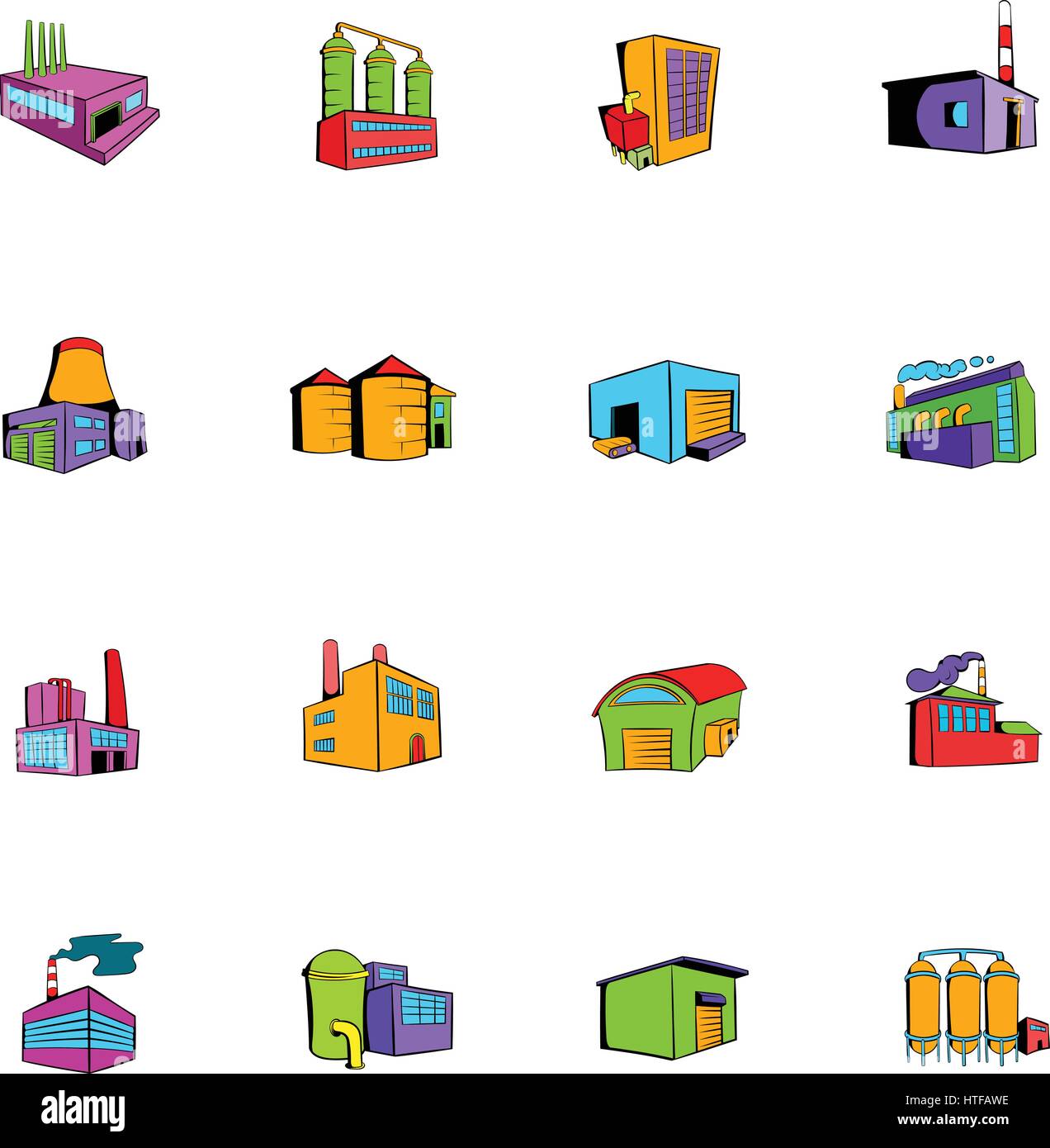Industrielle Fabrikgebäude Set Icons set im Cartoon-Stil, die isoliert auf weißem Hintergrund-Vektor-illustration Stock Vektor