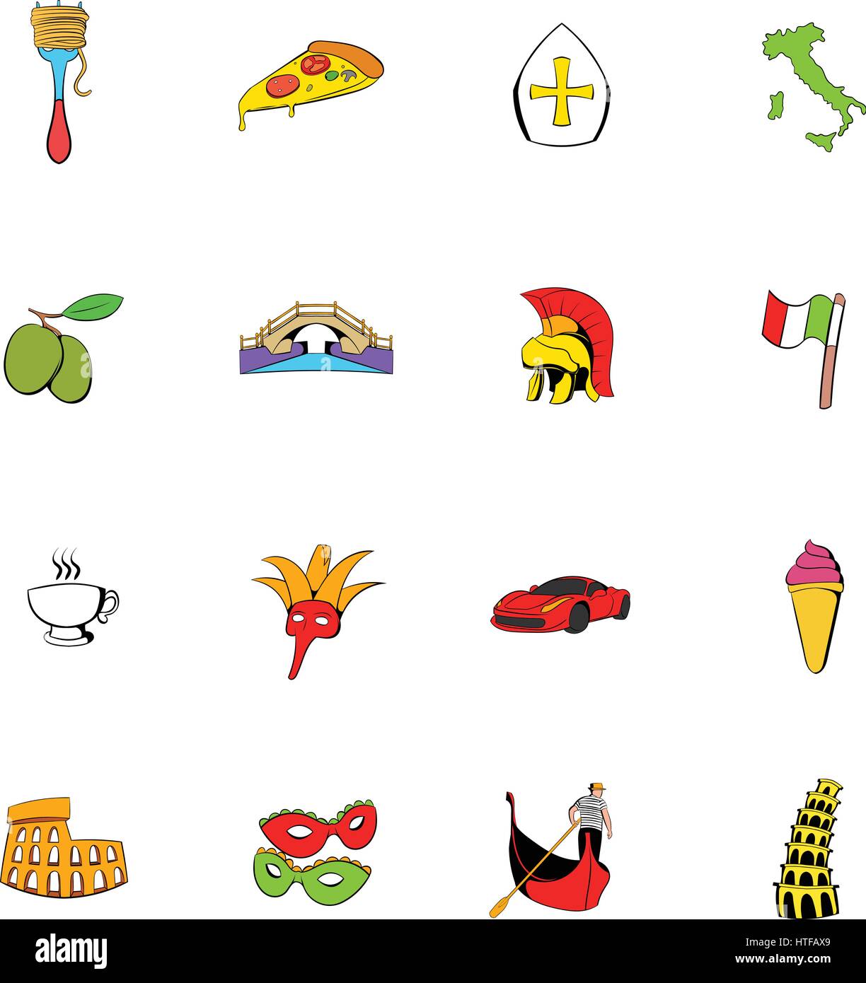 Italien stellen Icons set im Cartoon-Stil, die isoliert auf weißem Hintergrund-Vektor-illustration Stock Vektor
