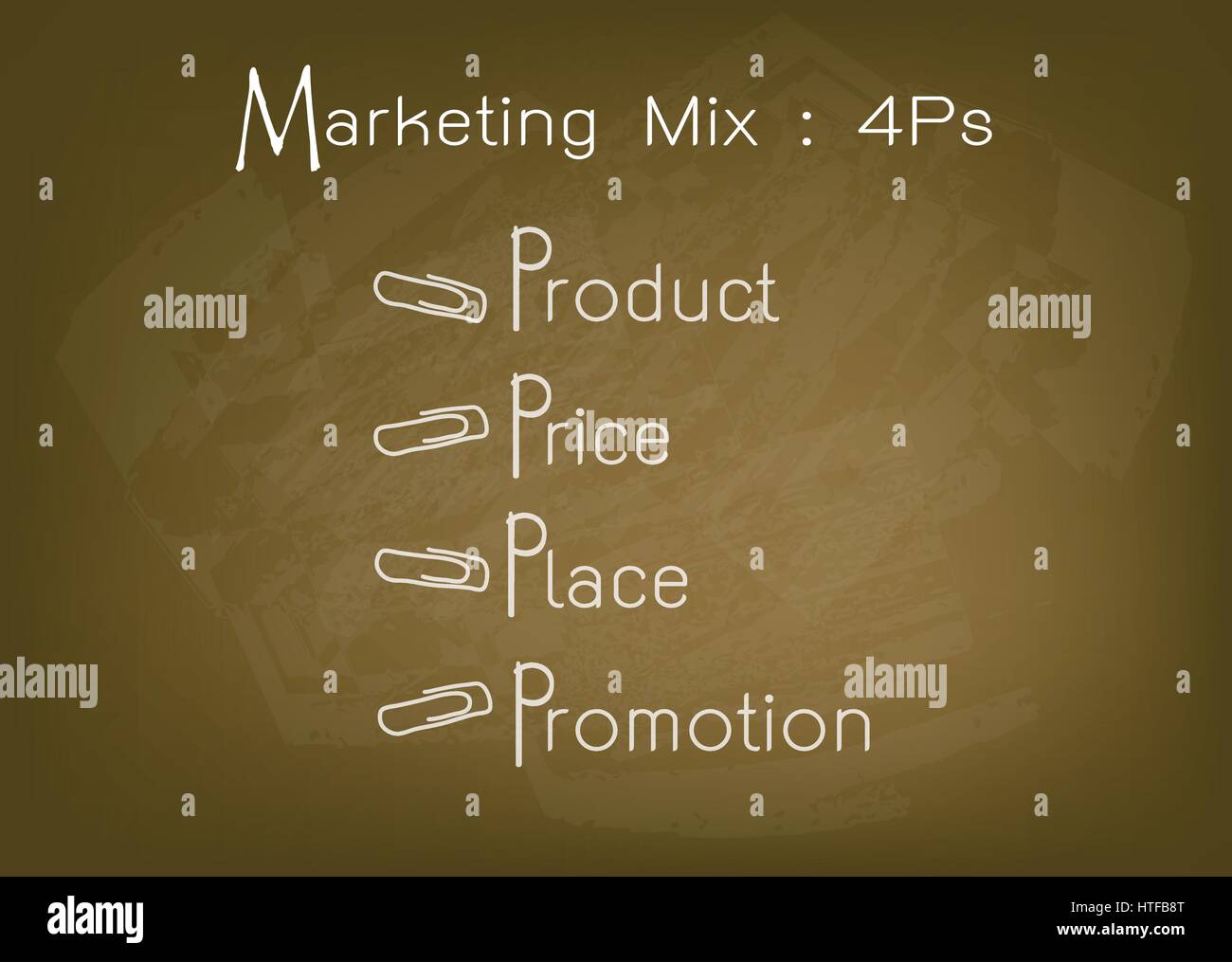 Geschäftskonzepte, Darstellung der 4Ps Modell oder Marketing-Mix-Diagramm für Management-Strategie auf braune Tafel. Ein Basis-Konzept im Marketing. Stock Vektor