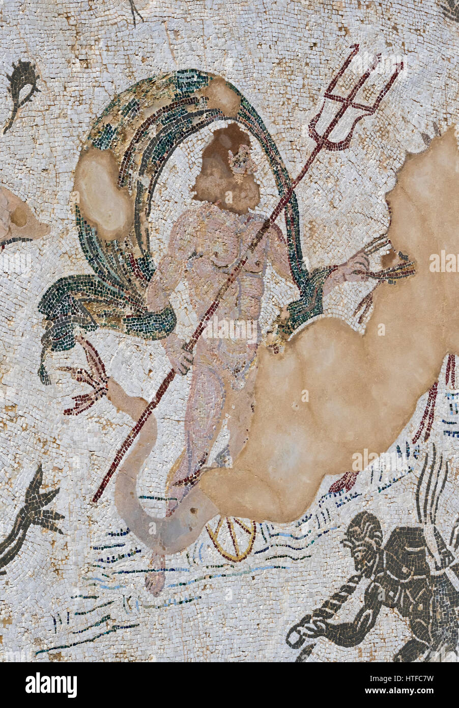 Römischen Stadt Italica, in der Nähe von Santiponce, Provinz Sevilla, Andalusien, Südspanien. Mosaik von Neptun in die Casa de Neptuno - Haus des Neptun. Stockfoto
