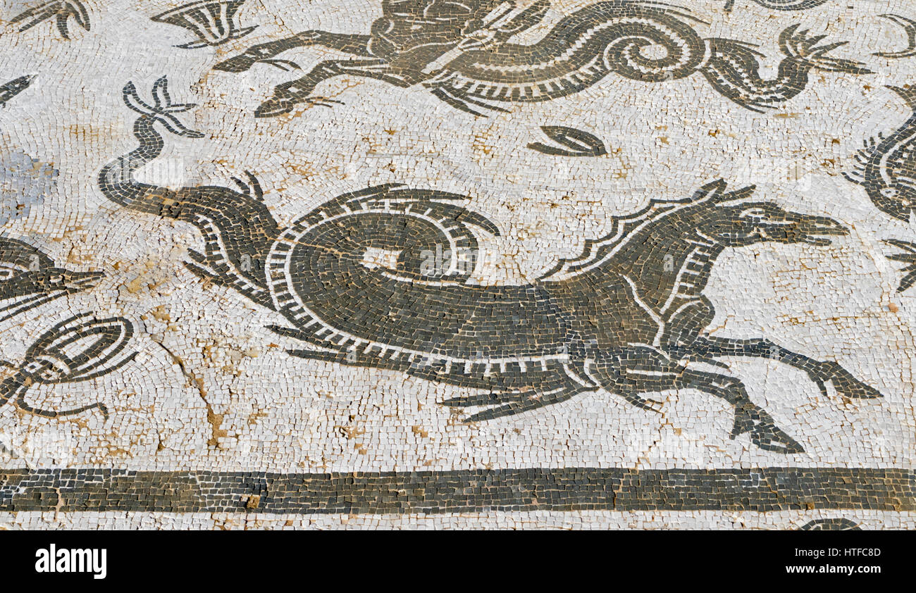 Römischen Stadt Italica, in der Nähe von Santiponce, Provinz Sevilla, Andalusien, Südspanien. Mosaik aus einem Seepferdchen, Casa de Neptuno - Haus Neptu Stockfoto