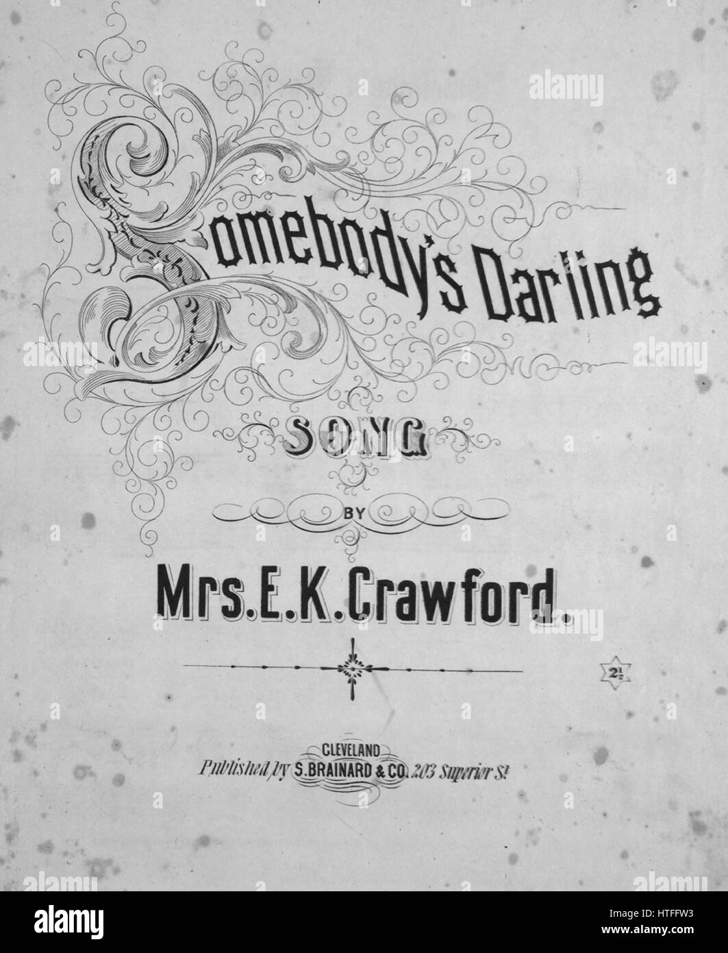 Noten-Cover-Bild des Liedes "Jemandes Liebling Lied", mit ursprünglichen Autorschaft Noten lesen "Von Frau EK Crawford", USA, 1865. Der Verlag als "S. Brainard und Co., 203 Superior St." aufgeführt ist, die Form der Komposition ist "strophischen", die Instrumentierung ist "Klavier und Stimme", die erste Zeile liest "in einer Gemeinde von den weiß getünchten Wänden, wo die Toten und sterbenden legen", und der Abbildung Künstler wird als 'None' aufgeführt. Stockfoto