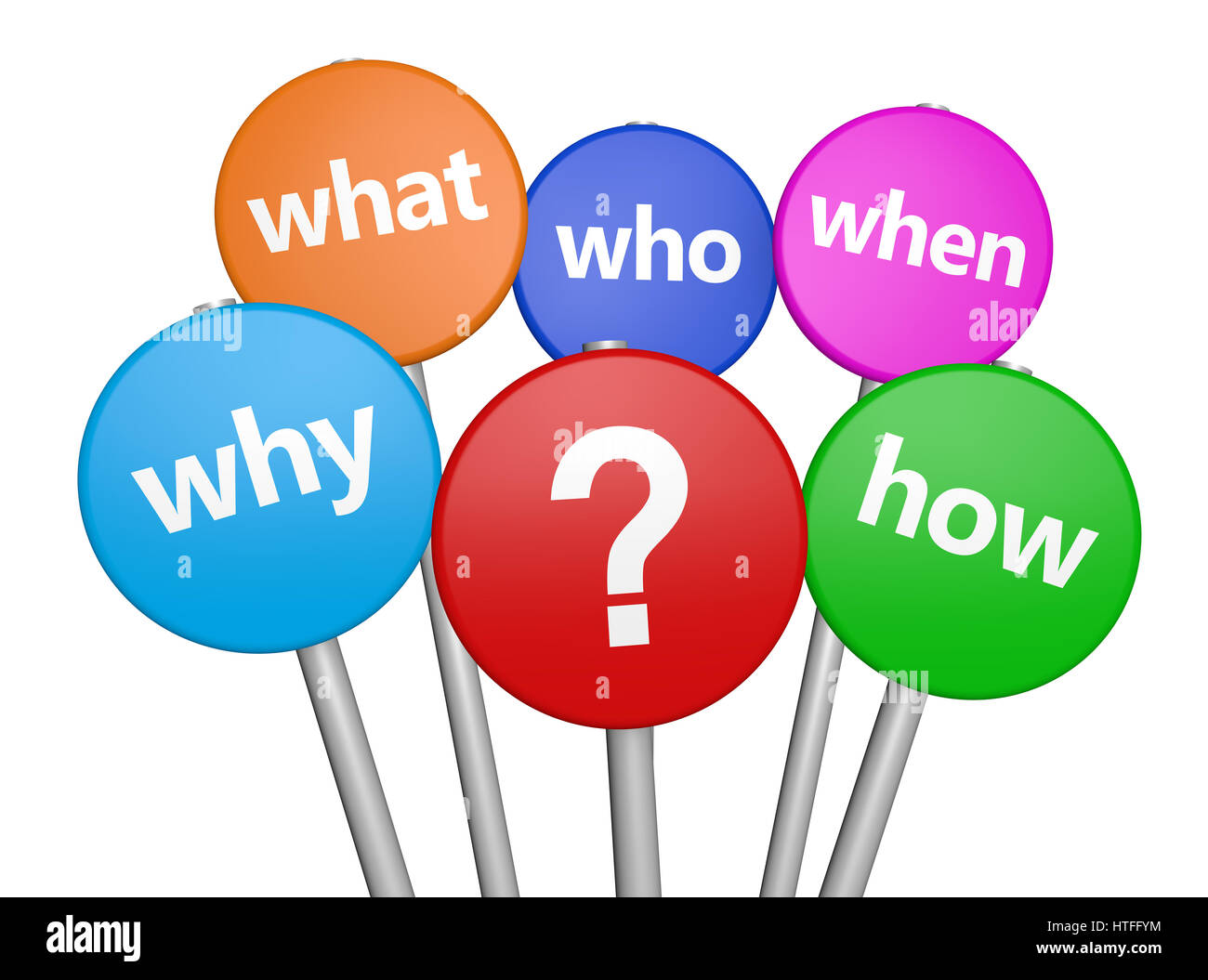 Kunden-support Fragen und Fragezeichen auf bunte Runde Zeichen 3D Illustration. Stockfoto
