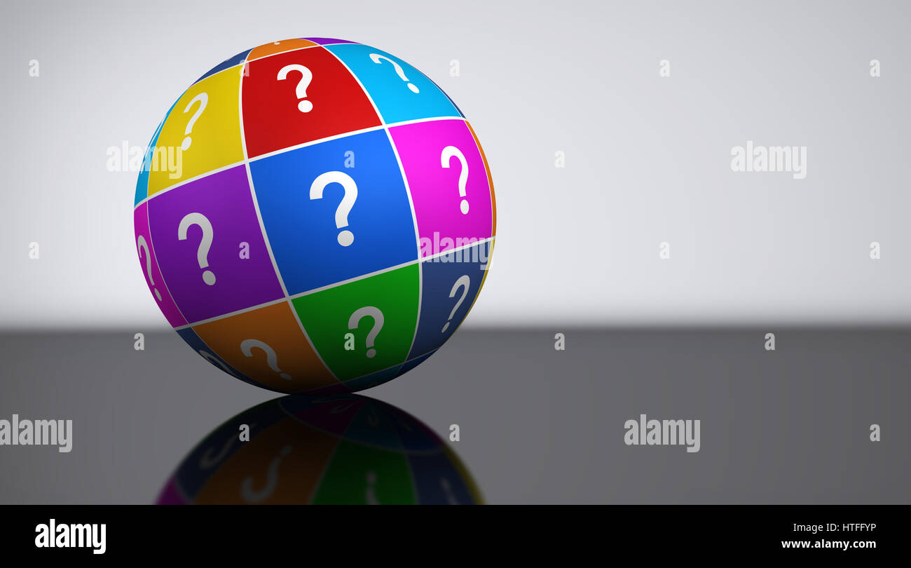 Fragezeichen-Symbol und das Symbol auf einen bunten Globus Kunden unterstützen 3d Illustration Konzept. Stockfoto
