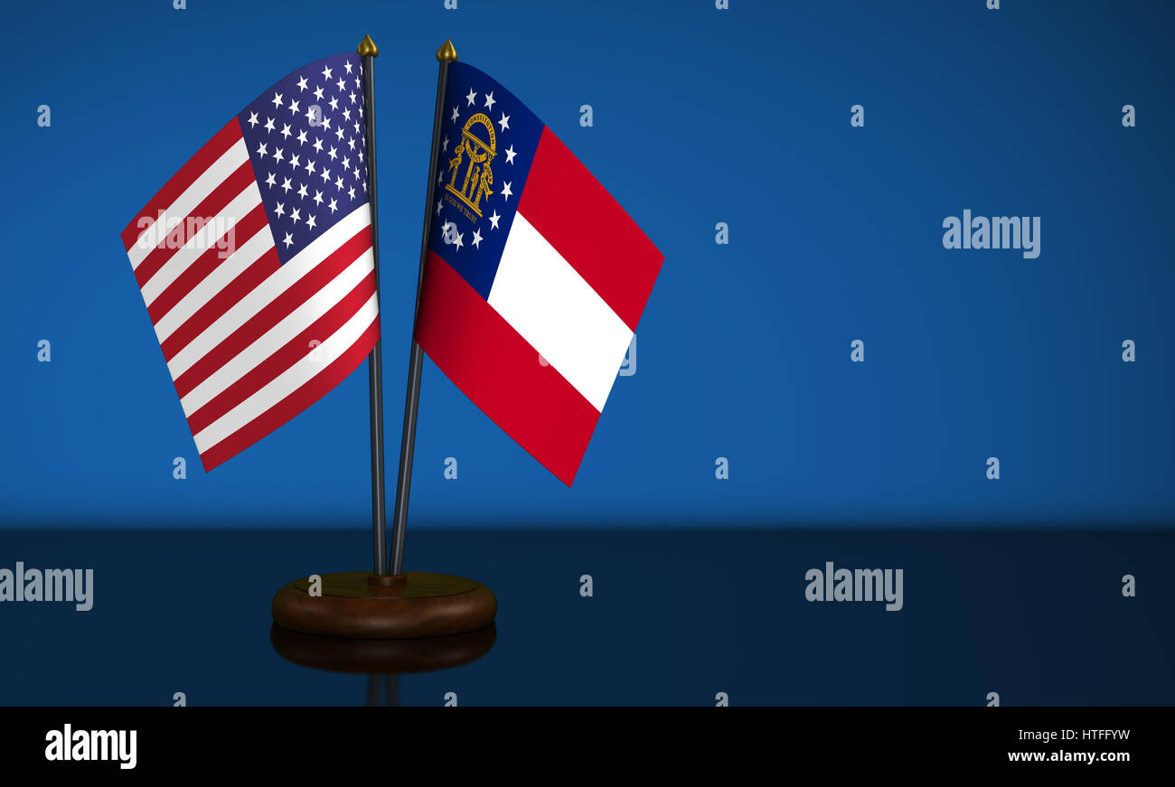 Georgia State Flagge und USA Schreibtisch auf blauem Hintergrund 3D Illustration. Stockfoto