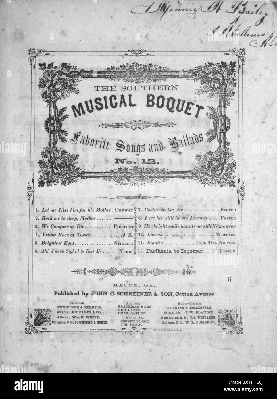 Titelbild der Noten des Liedes "The Southern musikalische Boquet Lieblings-Songs und Balladen keine12 Partenia, Ingomar", mit ursprünglichen Autorschaft Noten lesen "Geschrieben von Wm H McCarthy Musik von S [Tephen] C [Ollins] Foster", 1900. Der Verlag als "John C. Schreiner und Sohn, Baumwolle Avenue" aufgeführt ist, die Form der Komposition ist "strophische mit Refrain", die Instrumentierung ist "Klavier und Stimme", die erste Linie liest "Deal mit mir bitte, mein Junge Herz jubeln, ich folge dir blind immer du bist", und der Abbildung Künstler wird als 'James F. Weeks, Drucker, Baumwolle Avenue, Macon, GA' aufgeführt. Stockfoto