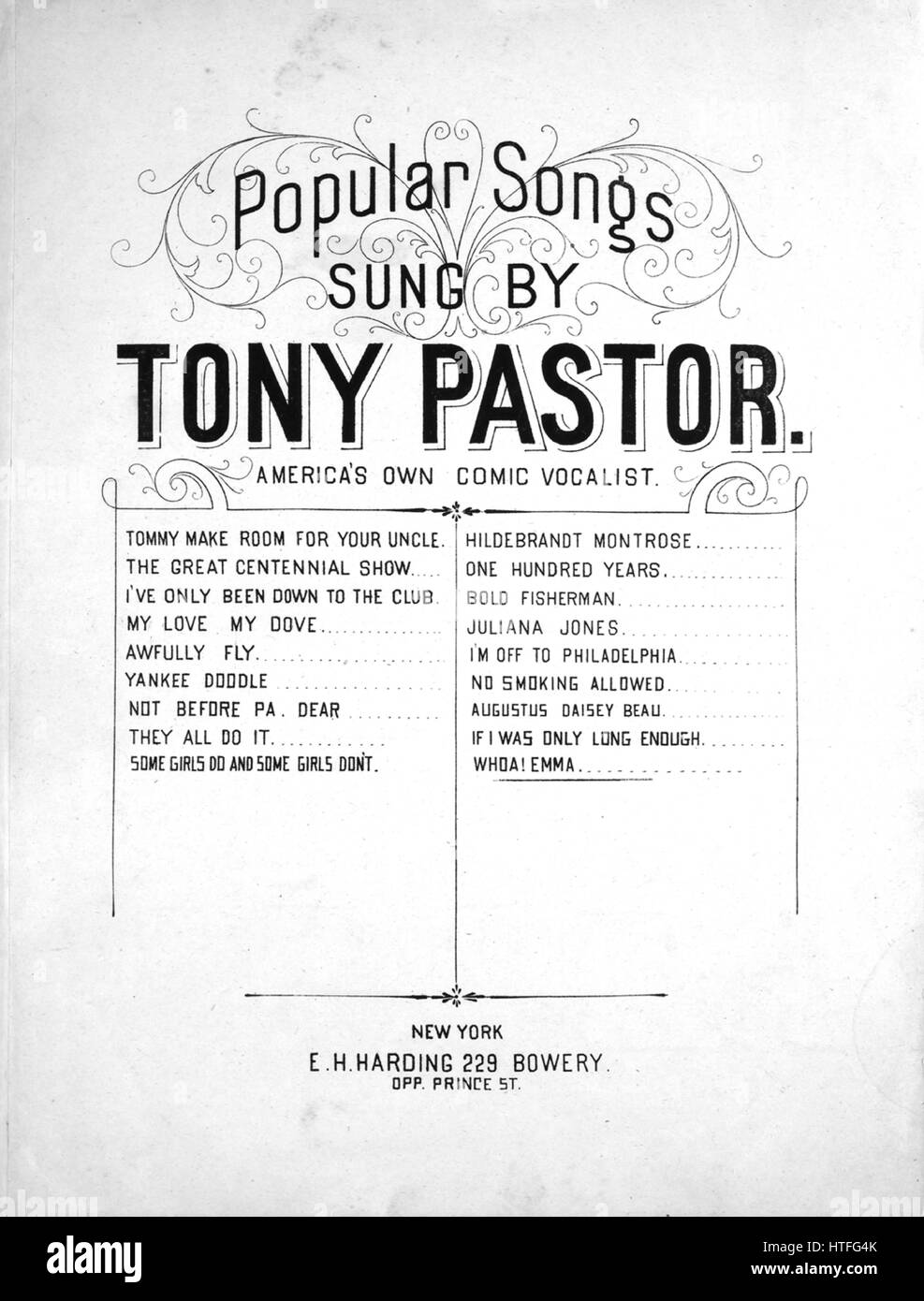 Titelbild der Noten des Liedes "Beliebte Lieder gesungen von Tony Pastor, Amerikas eigenen Comic-Sänger-Whoa! Emma ", mit ursprünglichen Autorschaft Noten lesen"Geschrieben und komponiert von John gelesen", Vereinigte Staaten, 1900. Der Verlag als "E.H. Harding, 229 Bowery OPP Prince St." aufgeführt ist, die Form der Komposition ist "strophische mit Chor", die Instrumentierung ist "Klavier und Stimme", die erste Zeile lautet 'Ich habe nichts dagegen, Sie zu sagen, ich habe mein Mädchen nach Kew', und der Abbildung Künstler wird als 'None' aufgeführt. Stockfoto