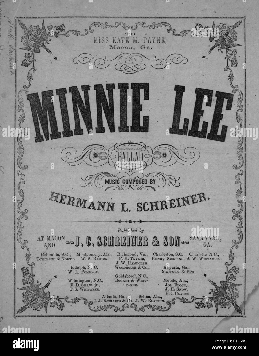 Noten-Cover-Bild des Liedes "Minnie Lee Ballade", mit ursprünglichen Autorschaft Noten lesen "Musik komponiert von Hermann L Schreiner", 1864. Der Verlag als "J.c. Schreiner und Sohn" aufgeführt ist, die Form der Komposition ist "strophische mit Chor", die Instrumentierung ist "Klavier und Stimme", die erste Linie liest "vor langer Zeit gab es ein Mädchen, sie hieß Minnie Lee" und der Abbildung Künstler als 'None' aufgeführt ist. Stockfoto