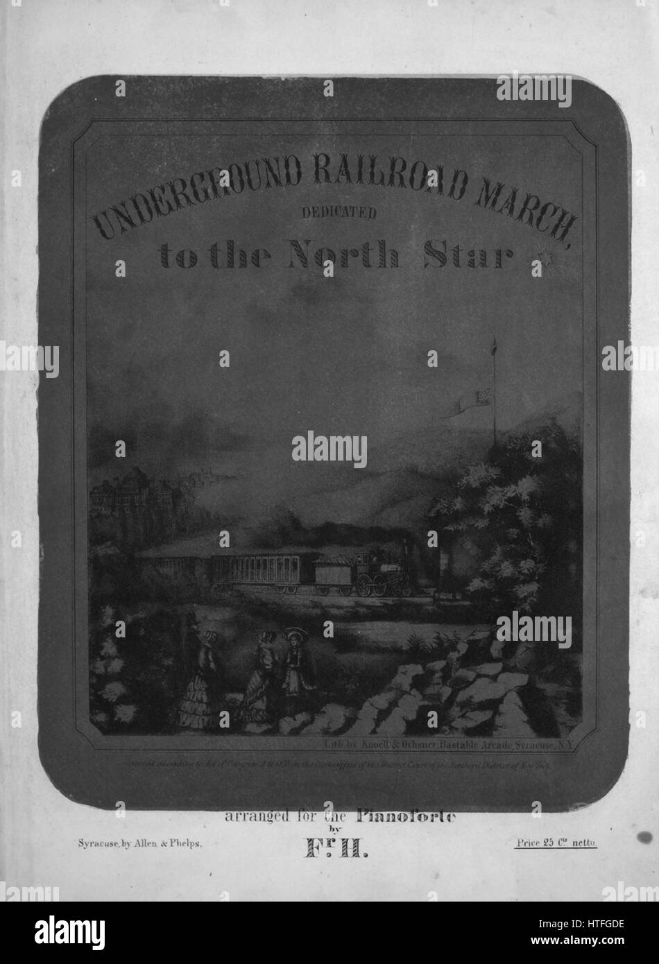 Titelbild der Noten des Liedes "Underground Railroad Marsch", mit ursprünglichen Autorschaft Noten lesen "Arrangiert für das Pianoforte von Fr H", 1855. Der Herausgeber ist als aufgeführt "Allen und Phelps?]", die Form der Komposition ist "da capo", die Instrumentierung ist "Klavier", liest die erste Zeile "None" und der Abbildung Künstler als "Lith Knoell und Ochsner Bastable Arcade, Syrakus, N.Y." aufgeführt ist. Stockfoto