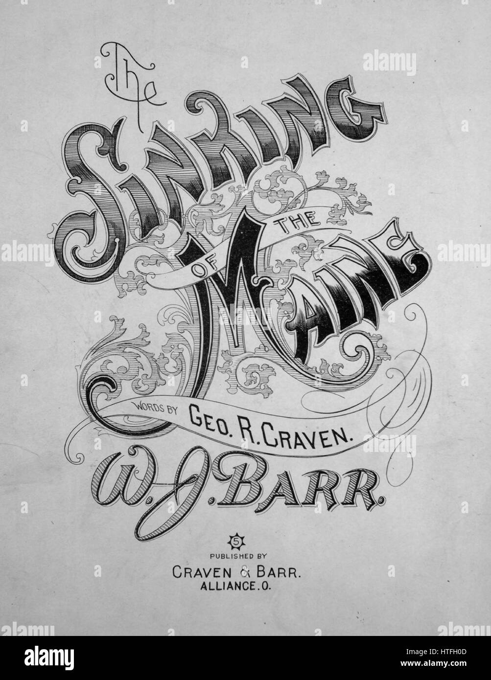 Titelbild der Noten des Liedes "The Sinking of the Maine", mit ursprünglichen Autorschaft Noten lesen 'Words Geo R Craven Musik von WJ Barr', 1898. Der Verlag als "Craven und Barr" aufgeführt ist, die Form der Komposition ist "strophische mit Chor", die Instrumentierung ist "Klavier und Stimme", die erste Zeile lautet "lassen jeden wahren Amerikaner in die Vereinigten Staaten liebt seine Heimat und Freiheit und Unterdrückung haßt" und der Abbildung Künstler als 'None' aufgeführt ist. Stockfoto