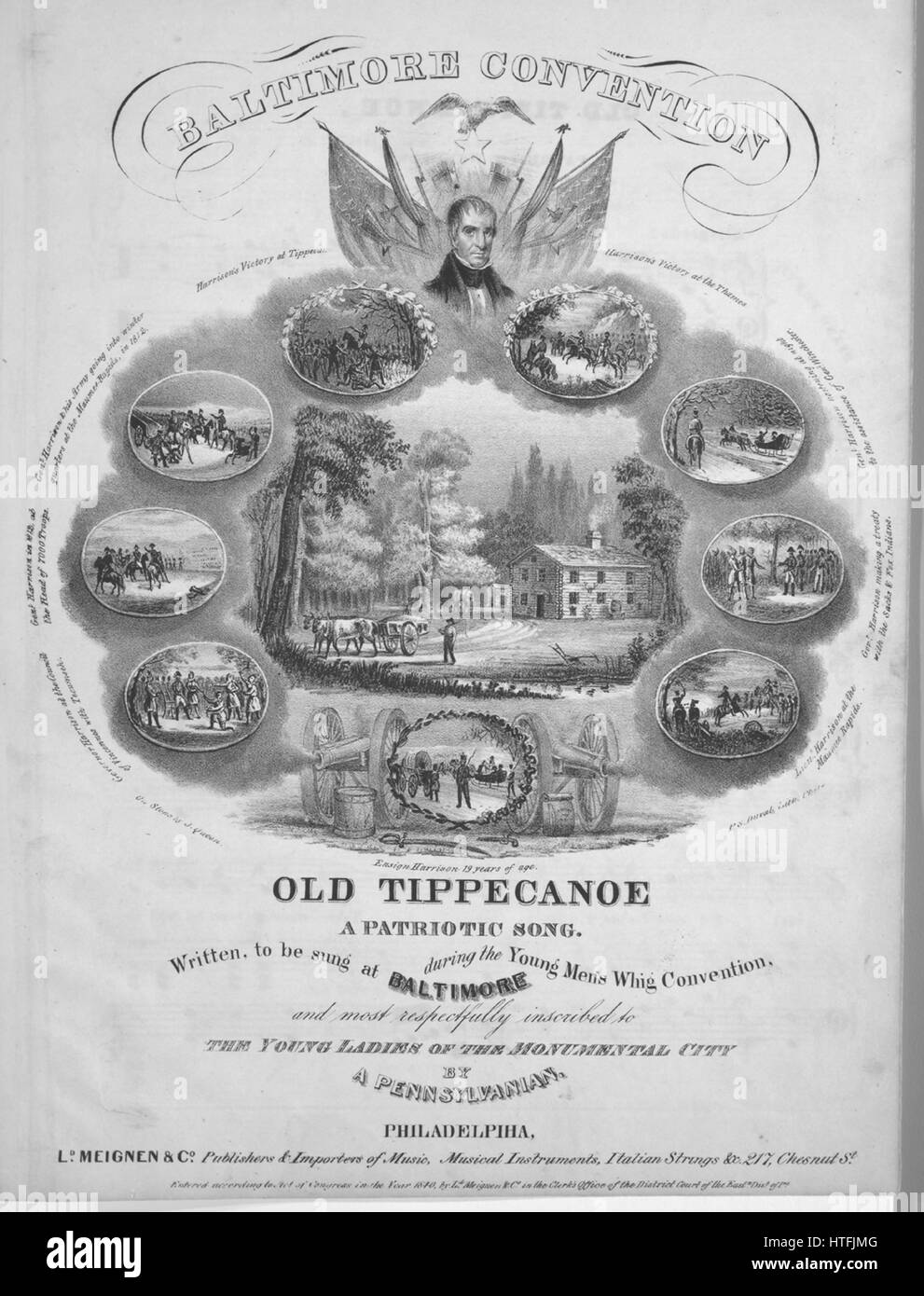 Noten-Cover-Bild des Liedes "Old Tippecanoe A patriotischen Whig Song", mit ursprünglichen Autorschaft Noten lesen "Durch A Pennsylvanian", USA, 1840. Der Verlag als "L. Meignen &amp; Co., 217 Chesnut St." aufgeführt ist, die Form der Komposition ist "strophische mit Chor", die Instrumentierung ist "Klavier und Stimme", die erste Linie liest "Ye Vanites der breiten Pennsylvany, der jeden alten Zustand und jeder neu" und der Abbildung Künstler wird als aufgeführt "auf Stein von J. Königin; P.s.: Duval Lith Phila. ". Stockfoto