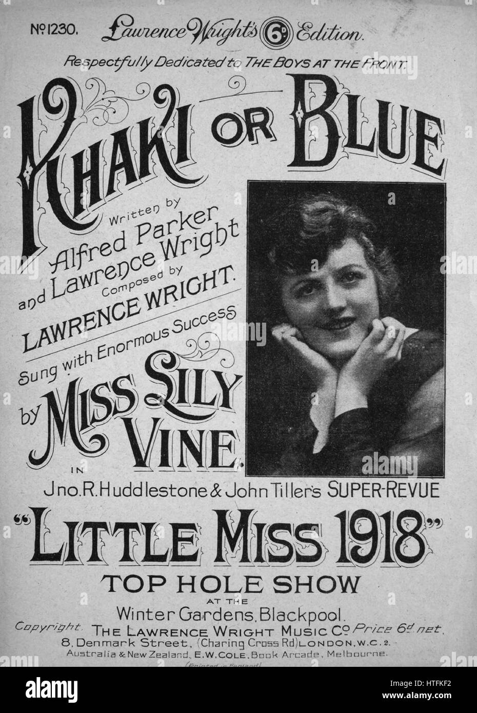 Titelbild der Noten des Liedes "Khaki oder blaue Laurence Wright 6D Edition", mit ursprünglichen Autorschaft Noten lesen "Geschrieben von Alfred Parker" und Lawrence Wright komponiert von Lawrence Wright, Vereinigtes Königreich, 1918. Der Verlag als "Lawrence Wright Music Co." aufgeführt ist, die Form der Komposition ist "strophische mit Chor", die Instrumentierung ist "Klavier und Stimme", liest die erste Zeile "Ich habe das Gefühl oh! so besorgt fühlen, ich weiß nicht, was zu tun ist ", und der Abbildung Künstler wird als" Unattrib. Foto von Lily Vine ". Stockfoto