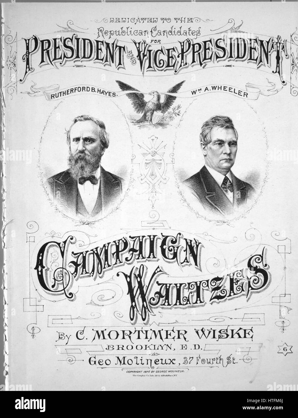 Noten-Cover-Bild des Liedes "Kampagne-Walzer" mit ursprünglichen Autorschaft Noten lesen "Durch C Mortimer Wiske", 1876. Der Verlag als "Geo. Molineux, 37 vierte St." aufgeführt ist, die Form der Komposition ist "keine Musik, nur Cover", die Instrumentierung ist "Klavier [?]", liest die erste Zeile 'None', und der Abbildung Künstler wird als "The Graphic Co. Lith 39 und 41 Park Place, N.Y." aufgeführt. Stockfoto