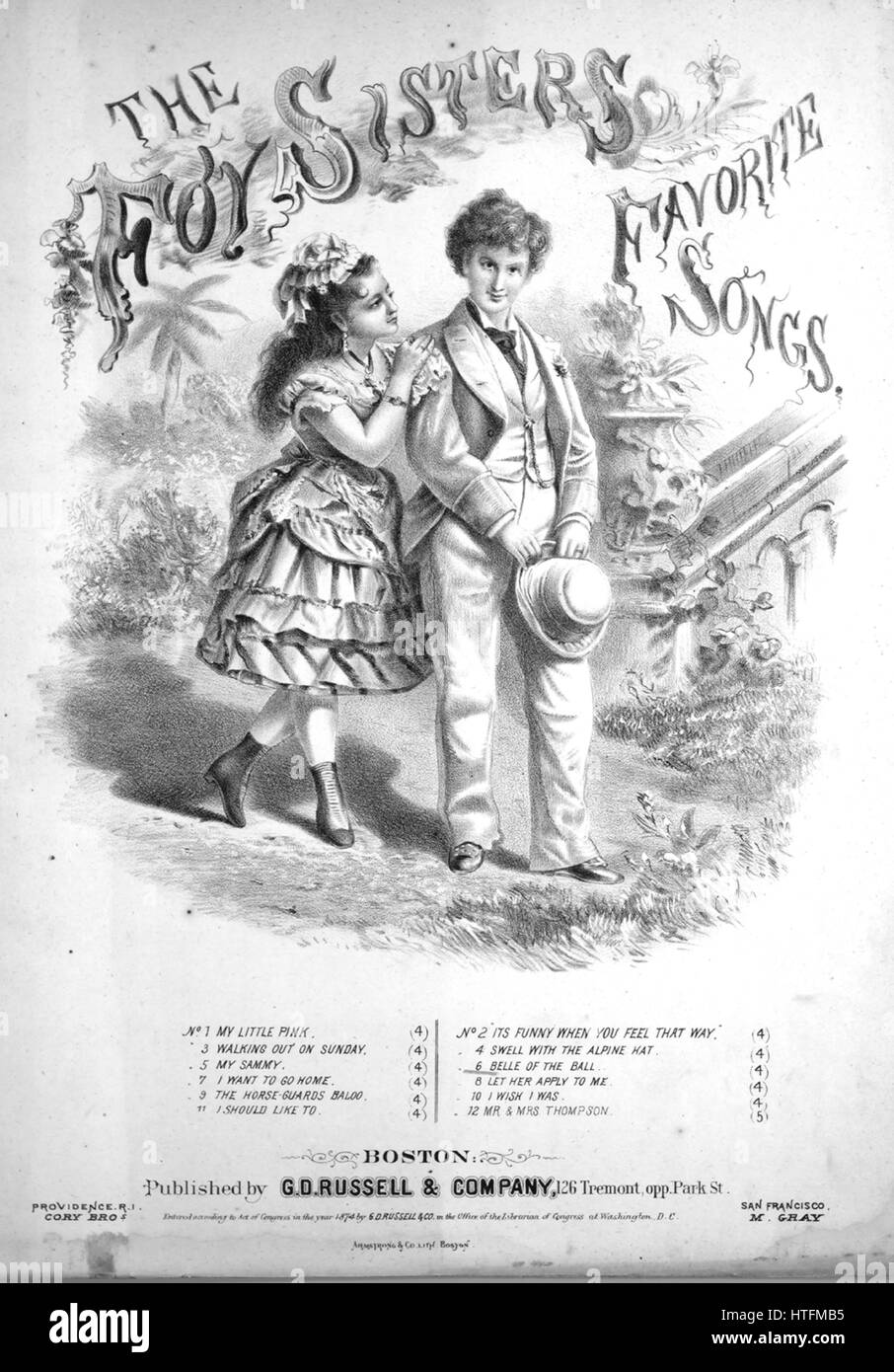 Titelbild der Noten des Liedes "The Foy Schwestern Lieblings Lieder No6 Belle of the Ball", mit ursprünglichen Autorschaft Noten lesen "Arrangiert von AW Ansdale", USA, 1874. Der Verlag als "G.d. Russell und Company, 126 Tremont OPP Park St." aufgeführt ist, die Form der Komposition ist "strophische mit Chor", die Instrumentierung ist "Klavier und Stimme", liest die erste Zeile ", ein Ball eine Nacht ich eingeladen wurde, und als der Tanz so gern", und der Abbildung Künstler als "Armstrong und Co. Lith Boston" aufgeführt ist. Stockfoto